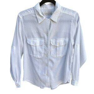 Karen Scott Vintage 80s Womens Button-Up White Woven Long Roll Tab Sleeve Top‎ S